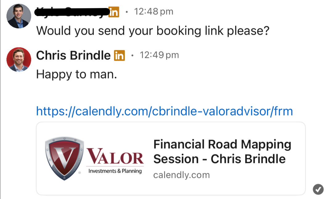 LinkedIn DM requesting booking link